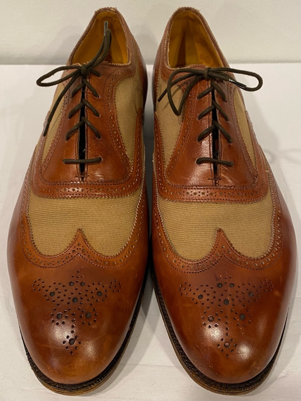 Edward Green Spectator Mens Brown Leather & Tan Fabric Shoes UK 12 / USA 12 1/2.